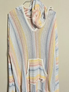 Pastel Striped Knit Baja V-Neck Hooded Sweater - Multi
